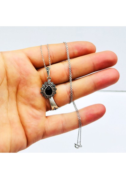 Oltu Taşı Tasarım 925 Ayar Gümüş Küpe Kolye Set