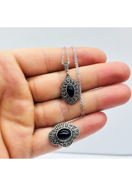 Oltu Taşı Işçilikli 925 Ayar Gümüş Kolye Küpe Yüzük fiyatları