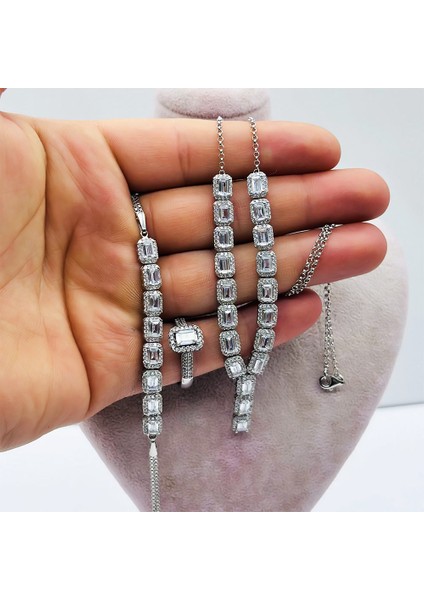 925 Ayar Gümüş Su Yolu Bileklik Kolye Küpe Yüzük Set