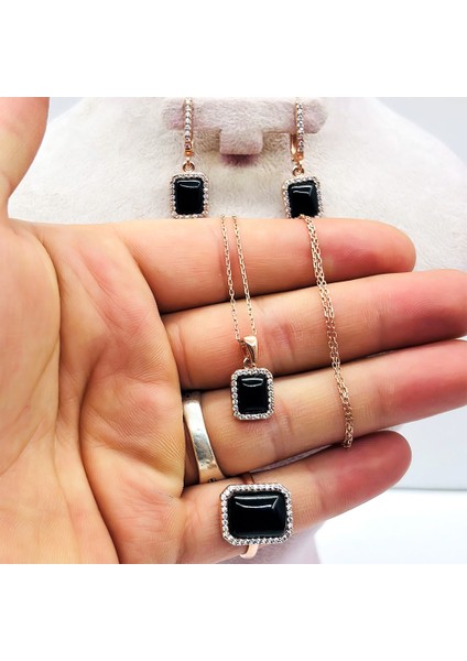 Oltu Taşı Işçilikli 925 Ayar Gümüş Kolye Küpe Yüzük Set