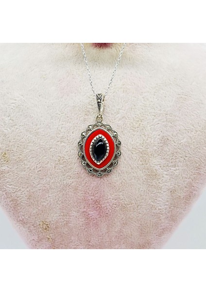 Kırmızı Mine ve Oltu Taşı Işçilikli 925 Ayar Gümüş Ko