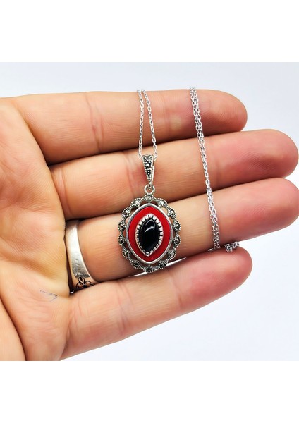 Kırmızı Mine ve Oltu Taşı Işçilikli 925 Ayar Gümüş Ko fiyatları