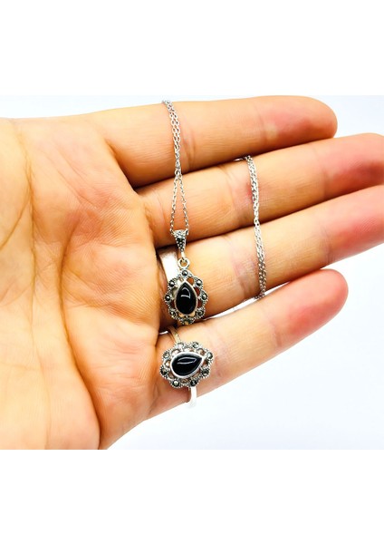 Oltu Taşı Işçilikli 925 Ayar Gümüş Yüzük Küpe Kolye Set