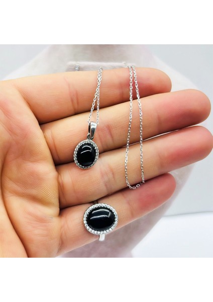 Oltu Taşı Işçilikli 925 Ayar Gümüş Kolye Küpe Yüzük