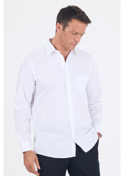 Beyaz Sert Yaka Uzun Kol Cepli Comfort Fit %100 Pamuk Gömlek 1004250222 modelleri