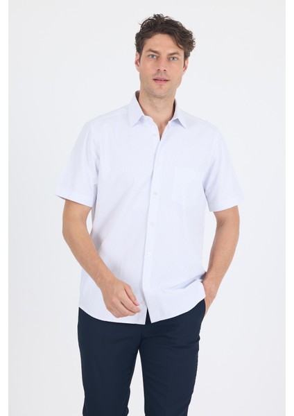 Beyaz-Mavi Sert Yaka Kısa Kol Cepli Comfort Fit Cls Gömlek 1004250262