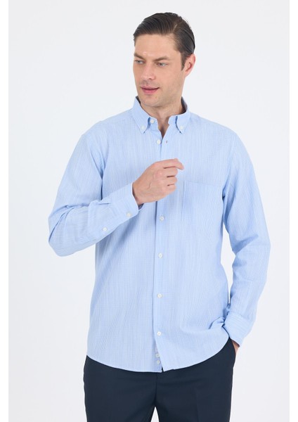 Koyu Mavi Uzun Kol Smart Düğmeli Yaka Cepli Comfort Fit %100 Pamuk Gömlek 1004250236