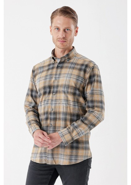 Uzun Kollu Ekoseli Gabardin Sert Yaka Cepli Garnili Casual Comfort Fit Gömlek 1004235112