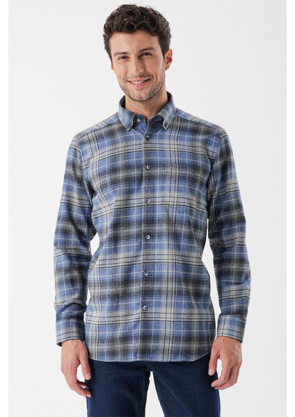 Uzun Kollu Ekoseli Gabardin Sert Yaka Cepli Garnili Casual Comfort Fit Gömlek 1004235112