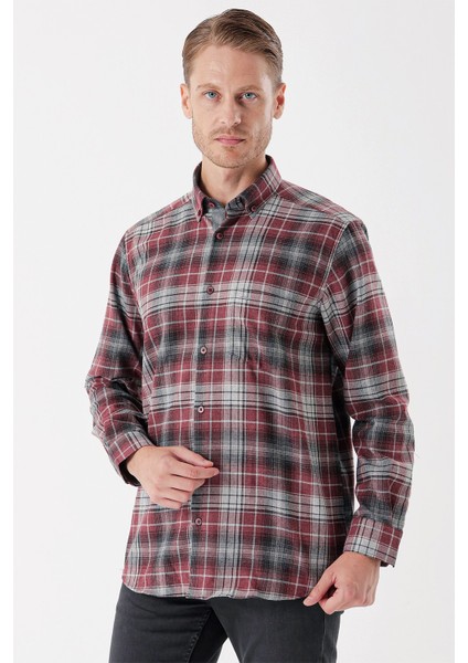 Bordo Uzun Kollu Ekoseli Gabardin Sert Yaka Cepli Garnili Casual Comfort Fit Gömlek 1004235112