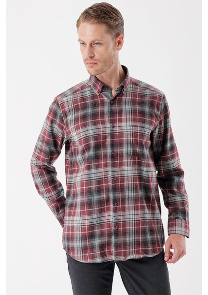 Bordo Uzun Kollu Ekoseli Gabardin Sert Yaka Cepli Garnili Casual Comfort Fit Gömlek 1004235112 fiyatları