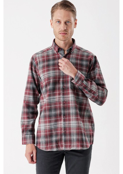 Bordo Uzun Kollu Ekoseli Gabardin Sert Yaka Cepli Garnili Casual Comfort Fit Gömlek 1004235112 modelleri