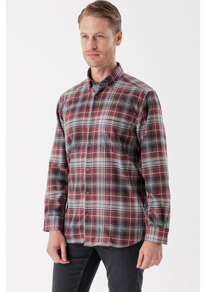 Bordo Uzun Kollu Ekoseli Gabardin Sert Yaka Cepli Garnili Casual Comfort Fit Gömlek 1004235112 fırsatları