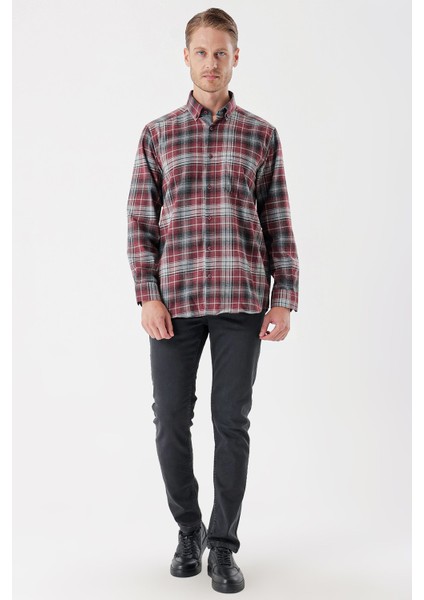 Bordo Uzun Kollu Ekoseli Gabardin Sert Yaka Cepli Garnili Casual Comfort Fit Gömlek 1004235112 indirimleri