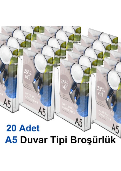 A5 Duvar Tipi Broşürlük - 20 Adet - | Şeffaf Akrilik | - | Kolay Montaj |