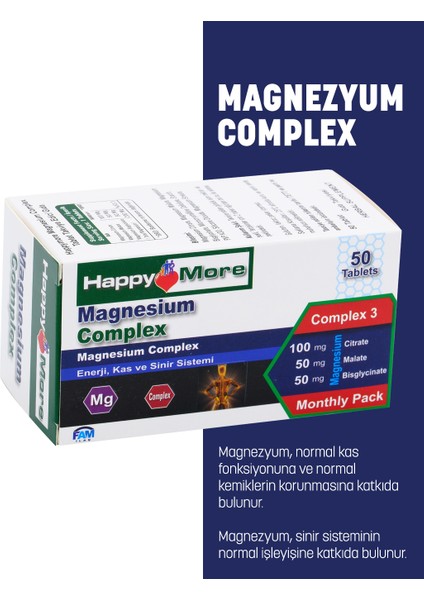 HappyMore Magnezyum Malat Bisglisinat ve Sitrat Kompleksi İçeren 50 Çentikli Tablet Takviye Edici Gıda fiyatları