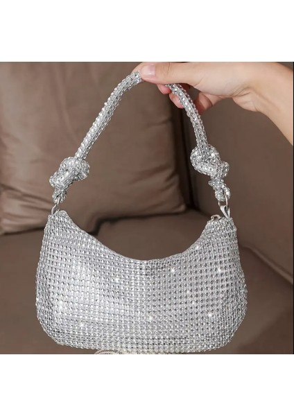 Parlak Gri Mini Glitter El Çantası