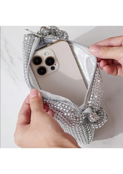Parlak Gri Mini Glitter El Çantası modelleri