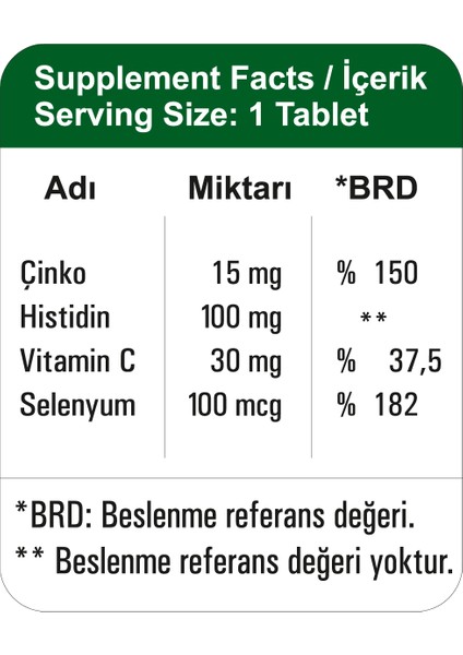 HappyMore Çinko, Selenyum, Histidin ve C Vitamini Içeren 30 Tablet Takviye Edici Gıda fiyatları