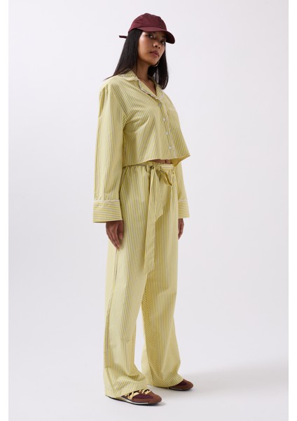 Kuşak Detay Çizgili Sarı Pantolon