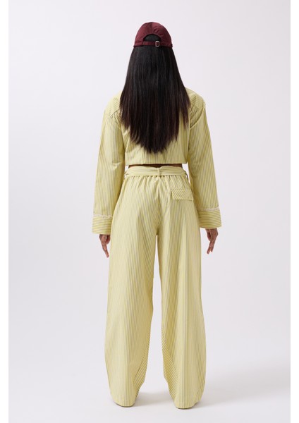 Kuşak Detay Çizgili Sarı Pantolon indirimleri