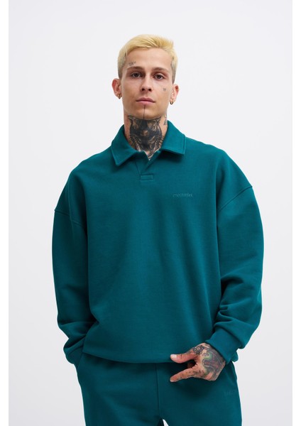 Erkek Basic Diagonal Polo Petrol Yeşili Sweatshirt