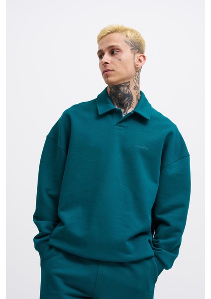 Erkek Basic Diagonal Polo Petrol Yeşili Sweatshirt