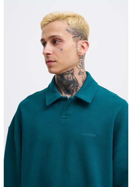 Erkek Basic Diagonal Polo Petrol Yeşili Sweatshirt