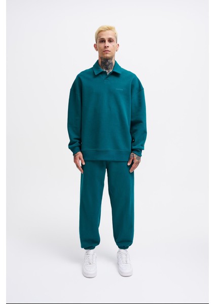 Erkek Basic Diagonal Polo Petrol Yeşili Sweatshirt