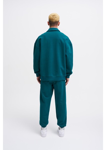 Erkek Basic Diagonal Polo Petrol Yeşili Sweatshirt