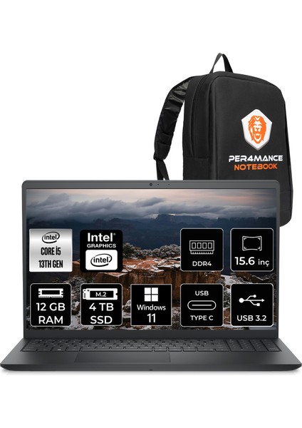Inspiron 15 3530 Intel Core I5 1334U 12GB 4tb SSD 15.6" Fhd 120Hz W11H Taşınabilir Bilgisayar & Per4 Çanta I35303401UP360
