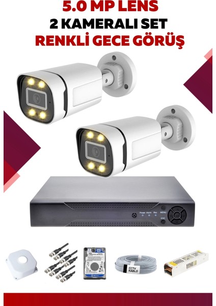 2 Kameralı Set - 5mp Sony Lensli Full Hd Gece Görüşlü Güvenlik Kamerası Sistemi -6AYIQPWAHF