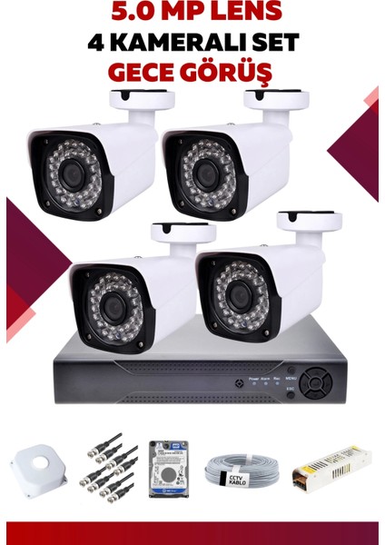 4 Kameralı Set - 5mp Sony Lensli Full Hd Gece Görüşlü Güvenlik Kamerası Sistemi - VAYG06079V