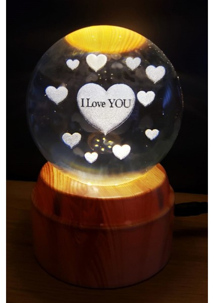 I Love You Tasarımlı Şeffaf LED Işıklı Ahşap Altlıklı Dekoratif Masa Lambası Hediyelik