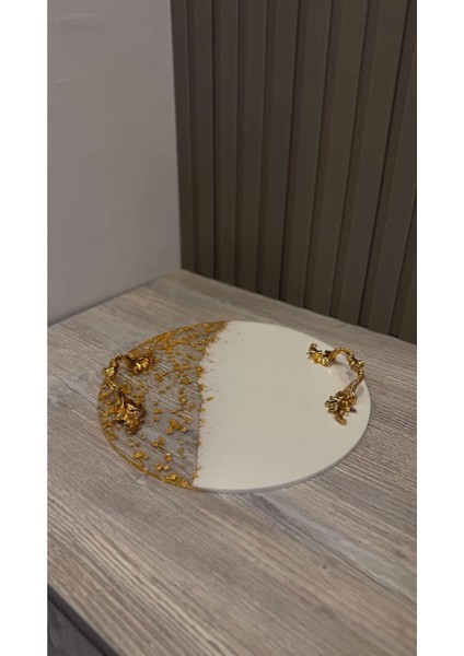1 Adet 25 cm Gold Yuvarlak Epoksi Reçine Söz Nişan Damat Tepsisi