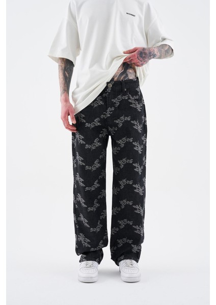 Erkek Flower Patterned Jean Siyah