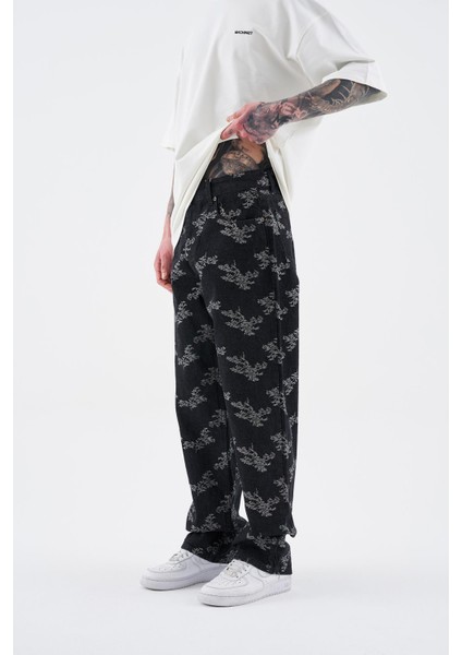 Erkek Flower Patterned Jean Siyah fiyatları