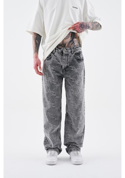 Erkek Flower Patterned Jean Antrasit