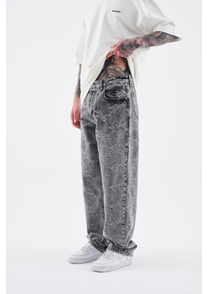 Erkek Flower Patterned Jean Antrasit