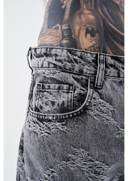 Erkek Flower Patterned Jean Antrasit