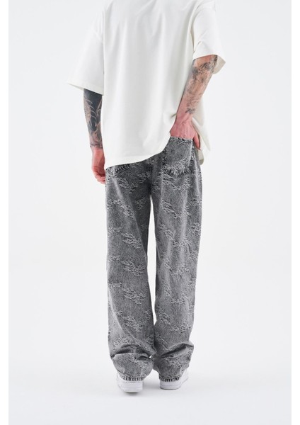 Erkek Flower Patterned Jean Antrasit