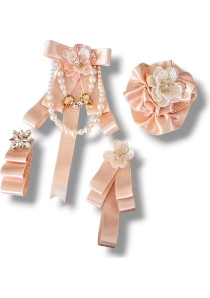 4 Lü Pudra Saten Broş Set,yaka Iğnesi, Yaka Cicegi ,gül Broş