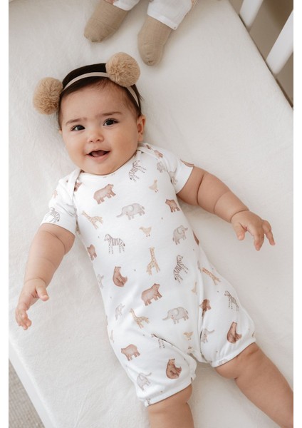 Kısa Kol Şortlu Yazlık Tulum - Pureline Series - Cute Animals