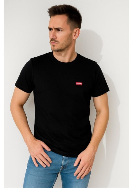 Bisiklet Yaka Pamuk Penye Nakışlı Tshirt Siyah