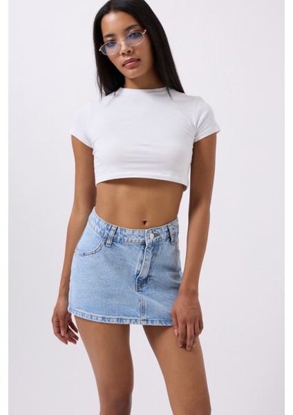 Asimetrik Bel Denim Mini Mavi Etek