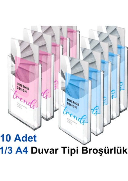 1/3 A4 Duvar Tipi Broşürlük - 10 Adet - | Şeffaf Akrilik | - | Kolay Montaj |