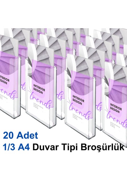 1/3 A4 Duvar Tipi Broşürlük - 20 Adet - | Şeffaf Akrilik | - | Kolay Montaj |