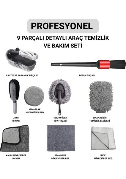 Profesyonel 9 Parça Çizmez Mikrofiber Oto Yıkama Seti Jant Temizleme Fırçası Mikrofiber Bez Yıkama Eldiveni Set
