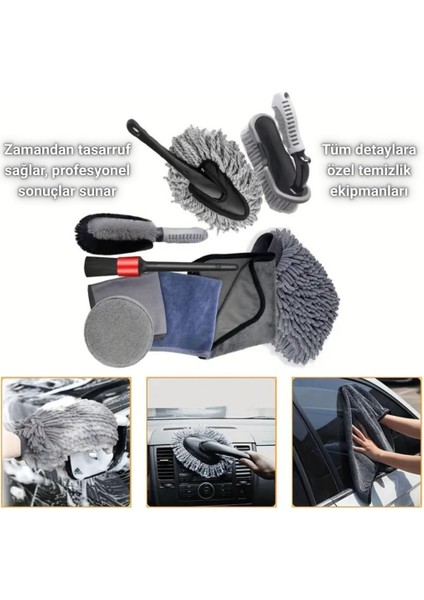 Profesyonel 9 Parça Çizmez Mikrofiber Oto Yıkama Seti Jant Temizleme Fırçası Mikrofiber Bez Yıkama Eldiveni Set