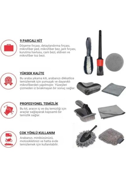 Profesyonel 9 Parça Çizmez Mikrofiber Oto Yıkama Seti Jant Temizleme Fırçası Mikrofiber Bez Yıkama Eldiveni Set